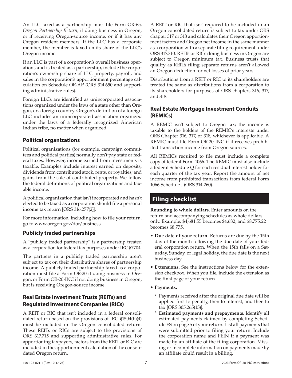 Instructions for Form OR-20-INC, 150-102-021 Oregon Corporation Income Tax Return - Oregon, Page 7