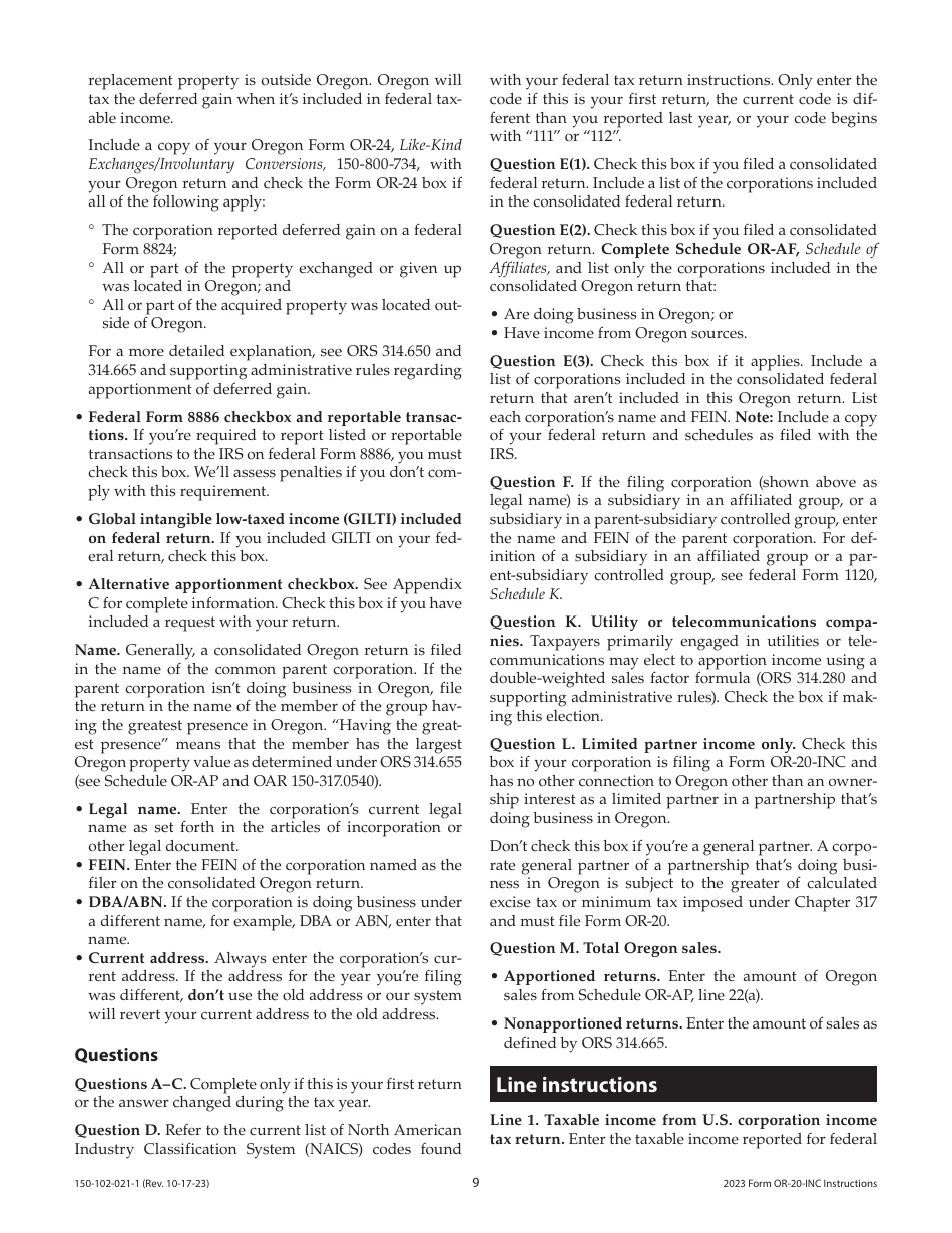 Instructions for Form OR-20-INC, 150-102-021 Oregon Corporation Income Tax Return - Oregon, Page 9