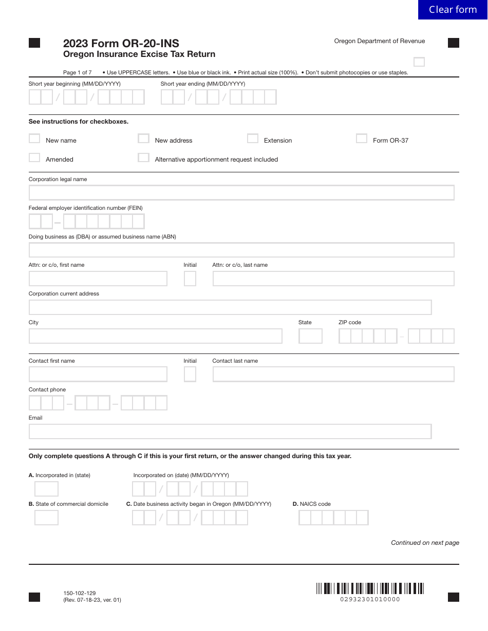 Form OR-20-INS (150-102-129) Oregon Insurance Excise Tax Return - Oregon, Page 1