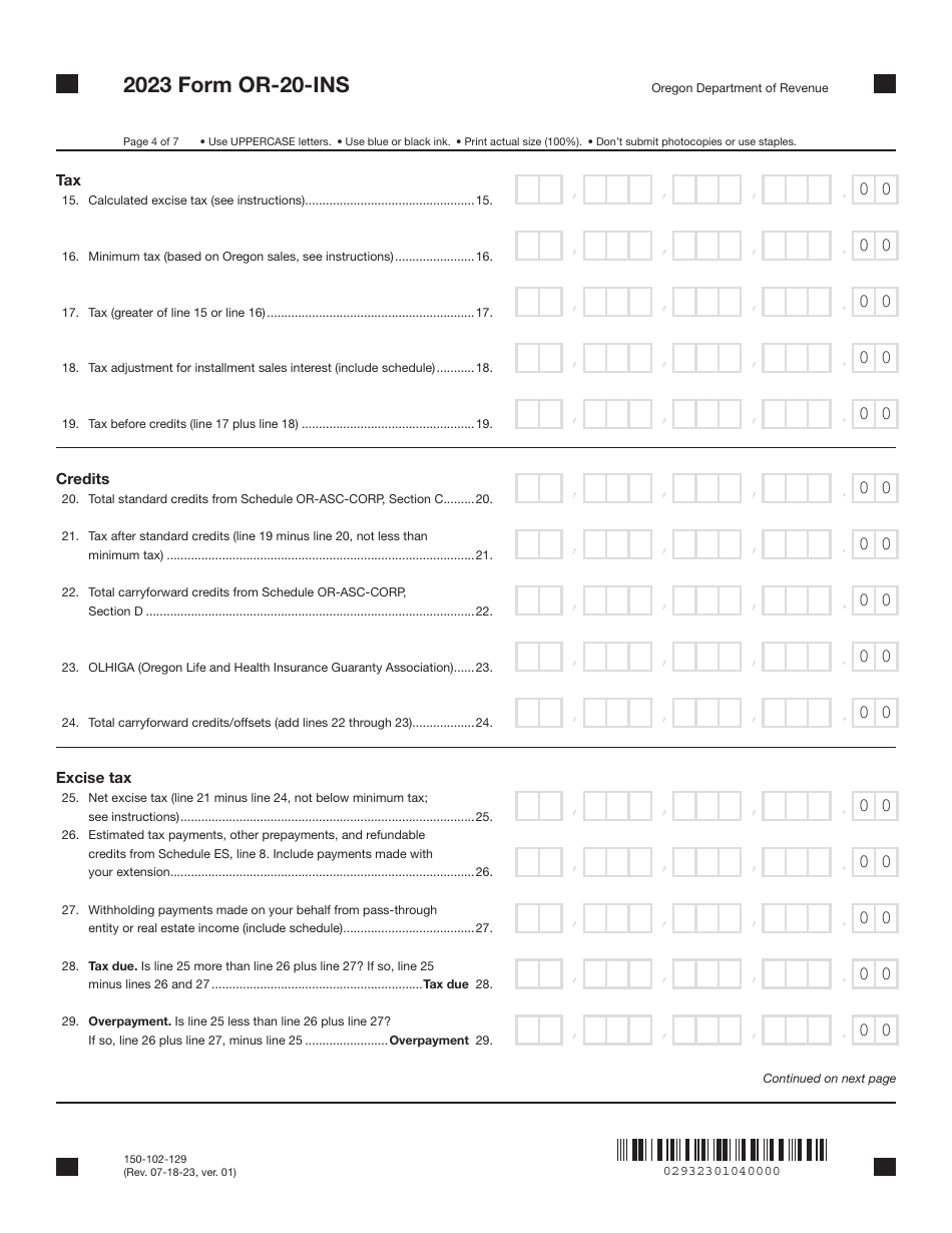 Form OR-20-INS (150-102-129) Oregon Insurance Excise Tax Return - Oregon, Page 4