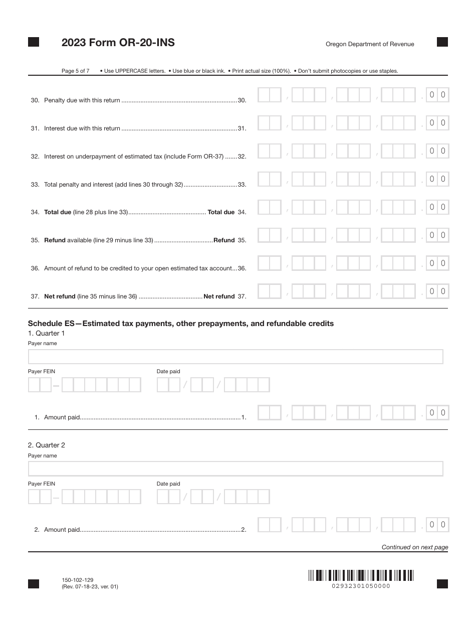 Form OR-20-INS (150-102-129) Oregon Insurance Excise Tax Return - Oregon, Page 5