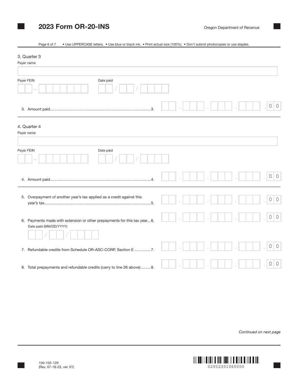Form OR-20-INS (150-102-129) Oregon Insurance Excise Tax Return - Oregon, Page 6