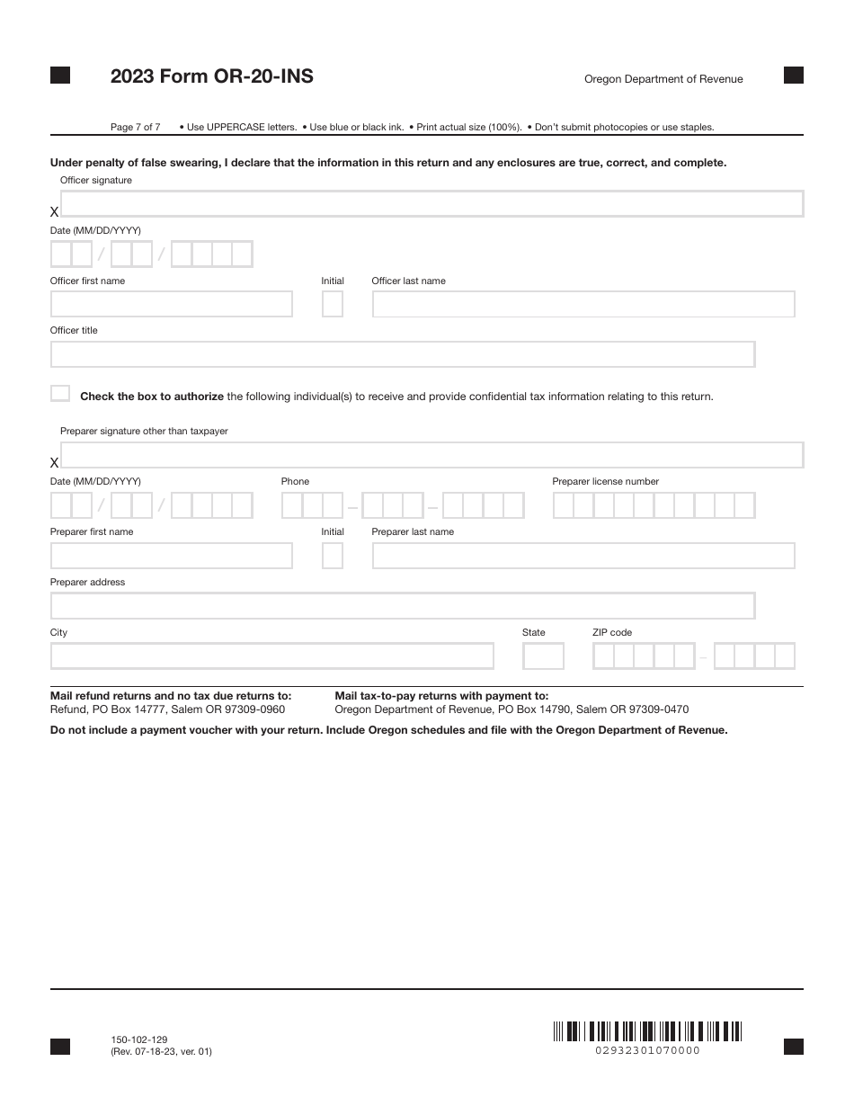Form OR-20-INS (150-102-129) Oregon Insurance Excise Tax Return - Oregon, Page 7