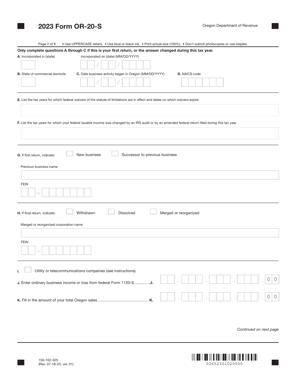 Form OR-20-S (150-102-025) Oregon S Corporation Tax Return - Oregon, Page 2