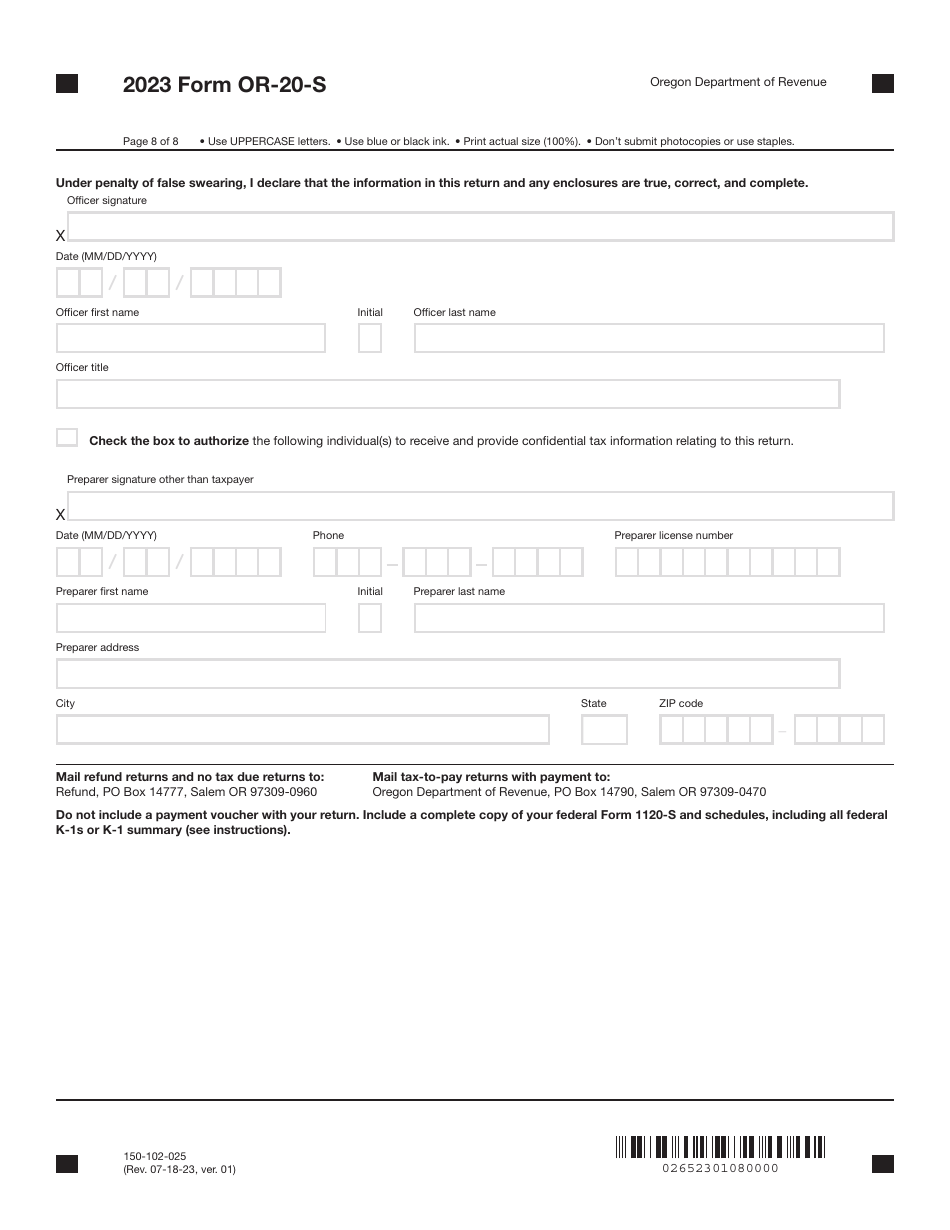 Form OR-20-S (150-102-025) Oregon S Corporation Tax Return - Oregon, Page 8