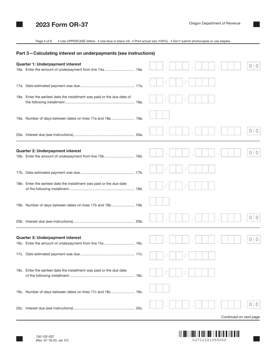 Form OR-37 (150-102-037) Underpayment of Oregon Corporation Estimated Tax - Oregon, Page 5