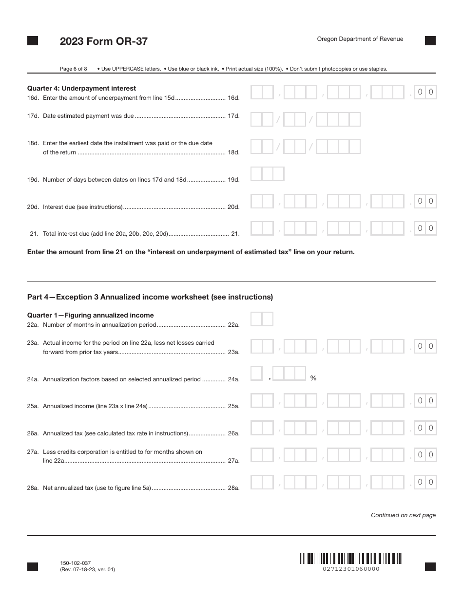 Form OR-37 (150-102-037) Underpayment of Oregon Corporation Estimated Tax - Oregon, Page 6