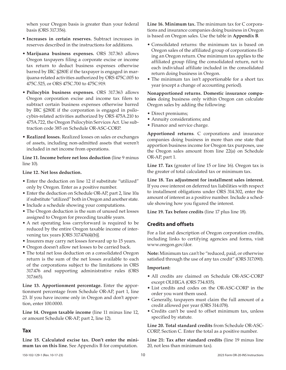 Instructions for Form OR-20-INS, 150-102-129 Oregon Insurance Excise Tax Return - Oregon, Page 10