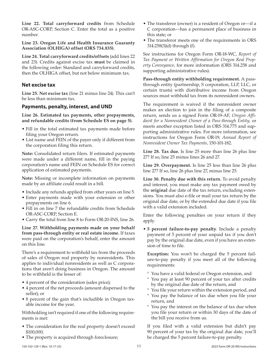Instructions for Form OR-20-INS, 150-102-129 Oregon Insurance Excise Tax Return - Oregon, Page 11