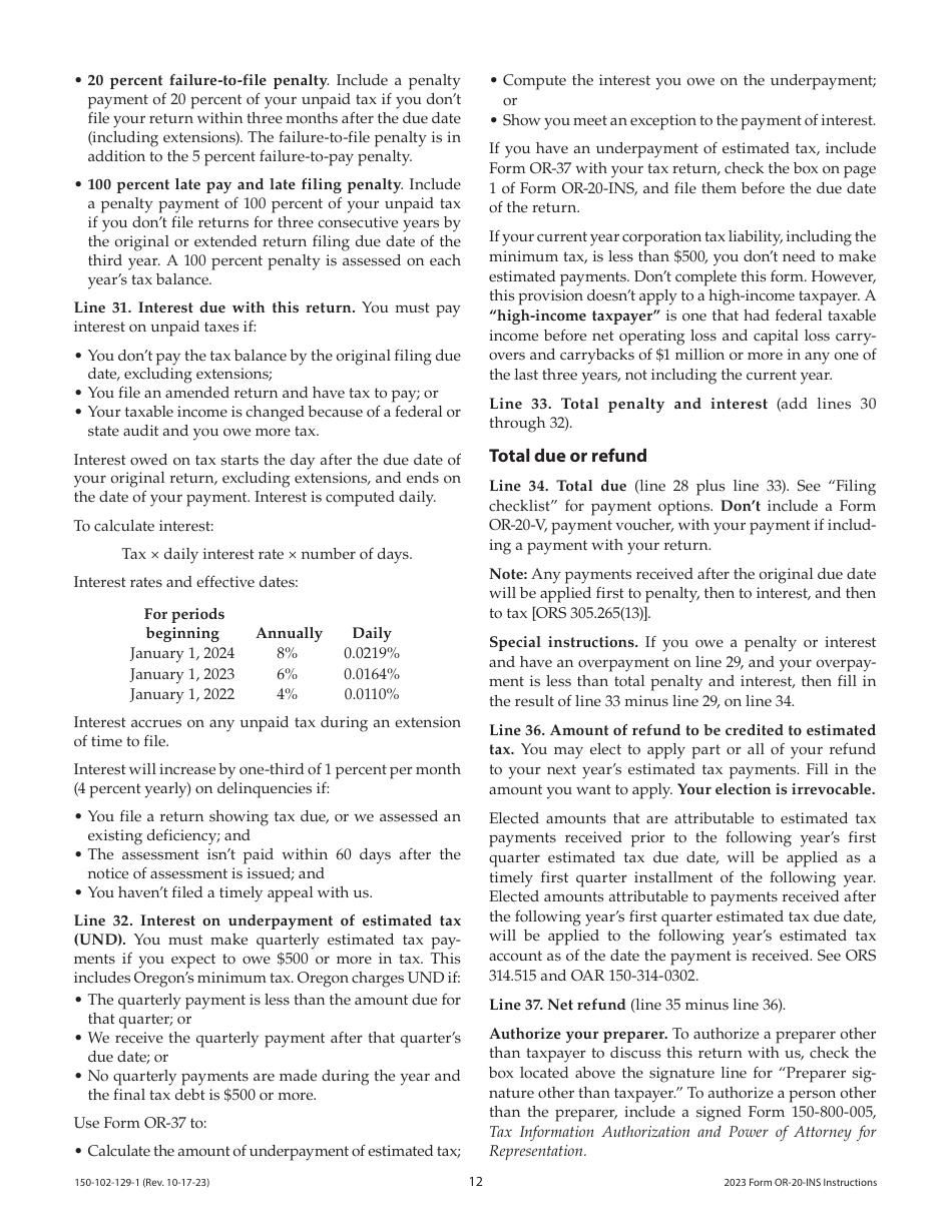 Instructions for Form OR-20-INS, 150-102-129 Oregon Insurance Excise Tax Return - Oregon, Page 12