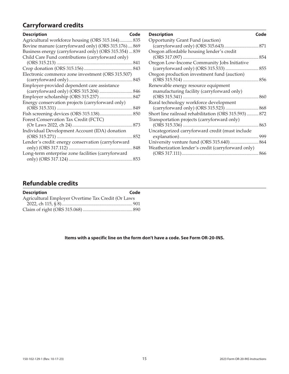 Instructions for Form OR-20-INS, 150-102-129 Oregon Insurance Excise Tax Return - Oregon, Page 15