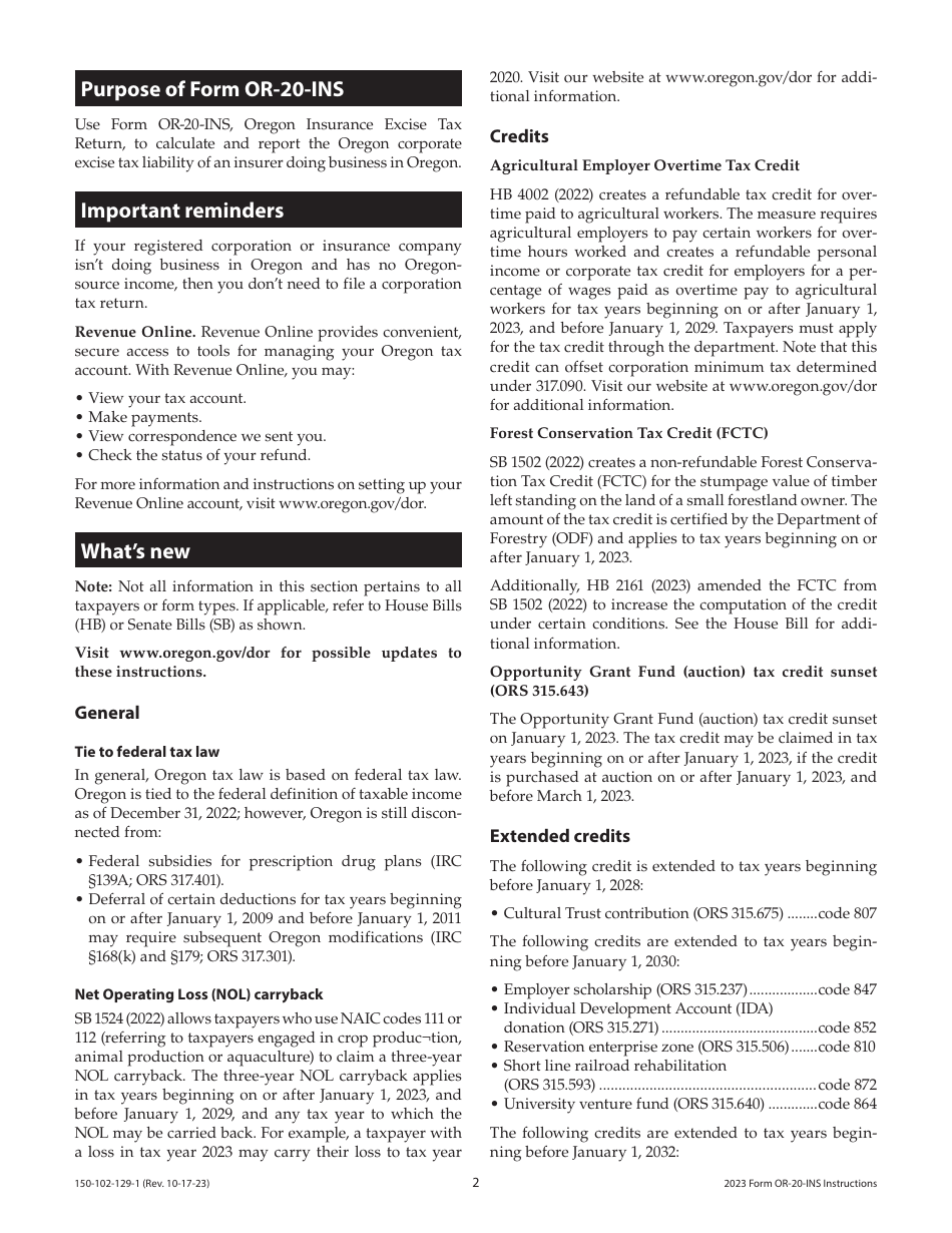 Instructions for Form OR-20-INS, 150-102-129 Oregon Insurance Excise Tax Return - Oregon, Page 2
