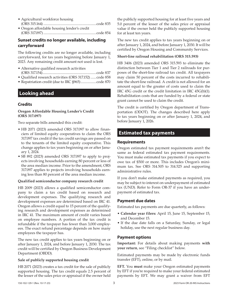 Instructions for Form OR-20-INS, 150-102-129 Oregon Insurance Excise Tax Return - Oregon, Page 3