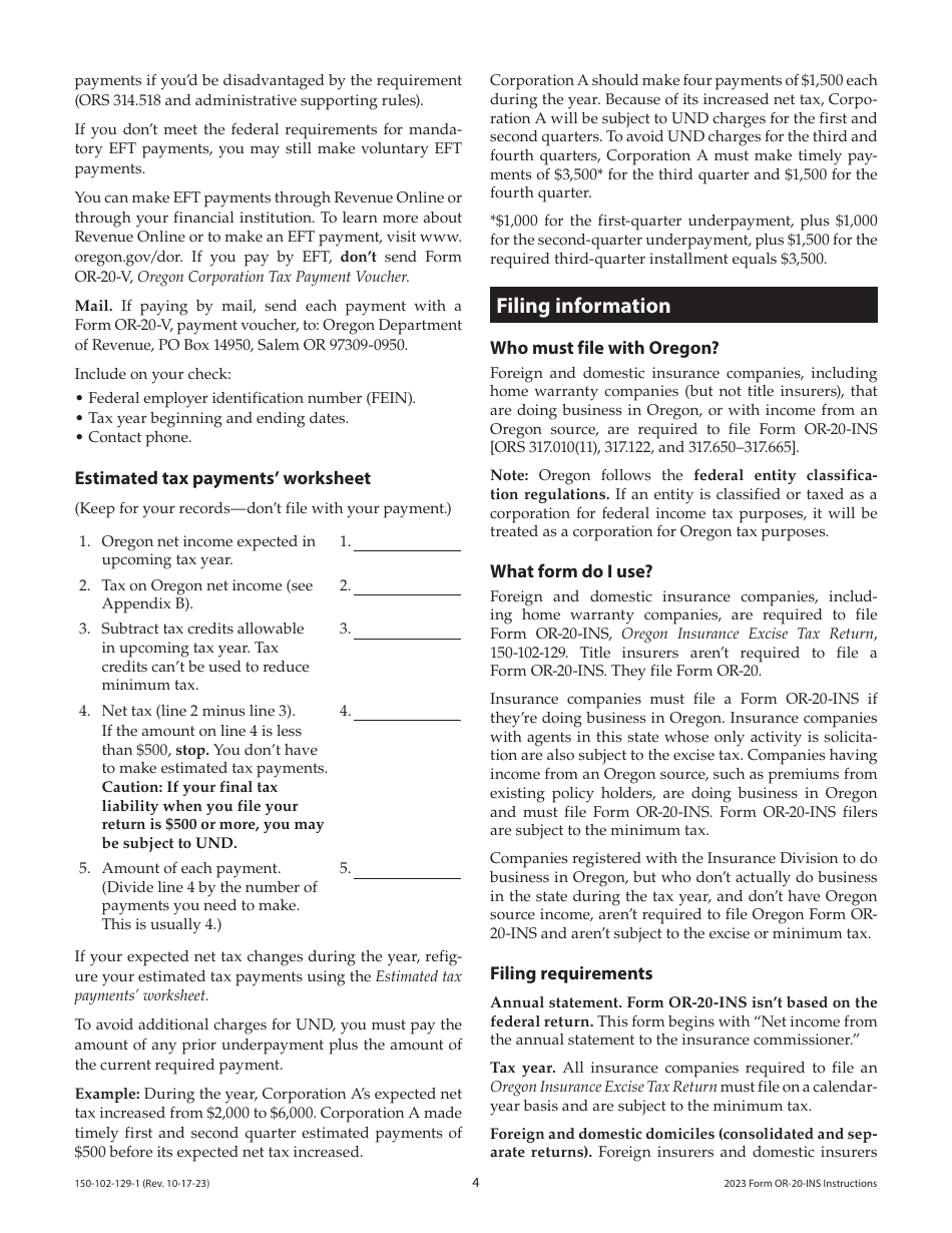 Instructions for Form OR-20-INS, 150-102-129 Oregon Insurance Excise Tax Return - Oregon, Page 4