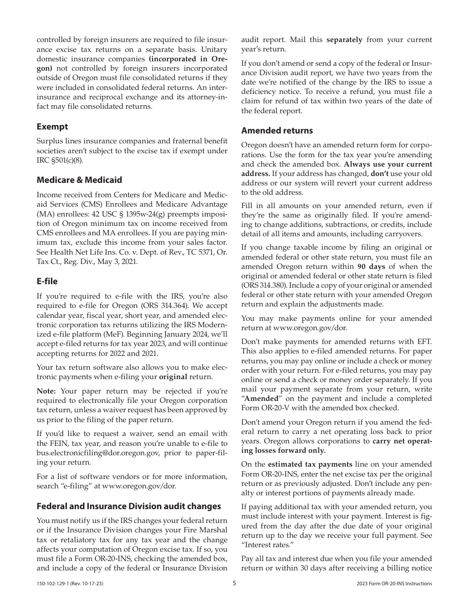 Instructions for Form OR-20-INS, 150-102-129 Oregon Insurance Excise Tax Return - Oregon, Page 5