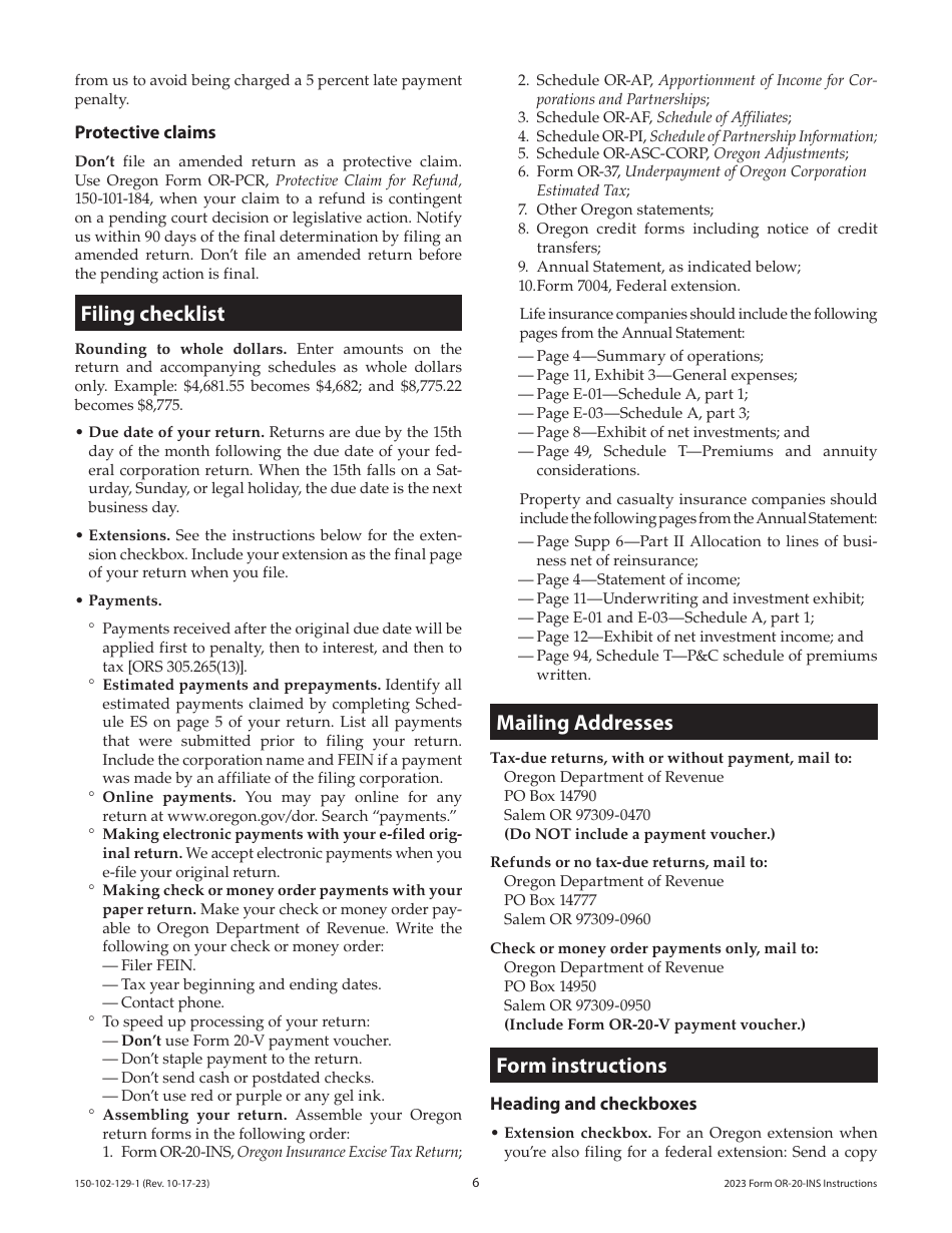 Instructions for Form OR-20-INS, 150-102-129 Oregon Insurance Excise Tax Return - Oregon, Page 6