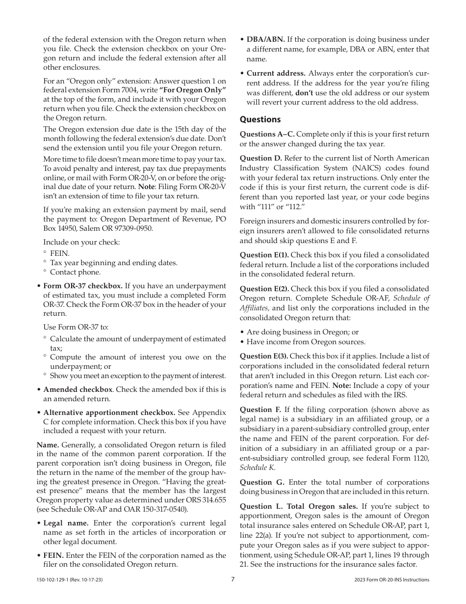 Instructions for Form OR-20-INS, 150-102-129 Oregon Insurance Excise Tax Return - Oregon, Page 7