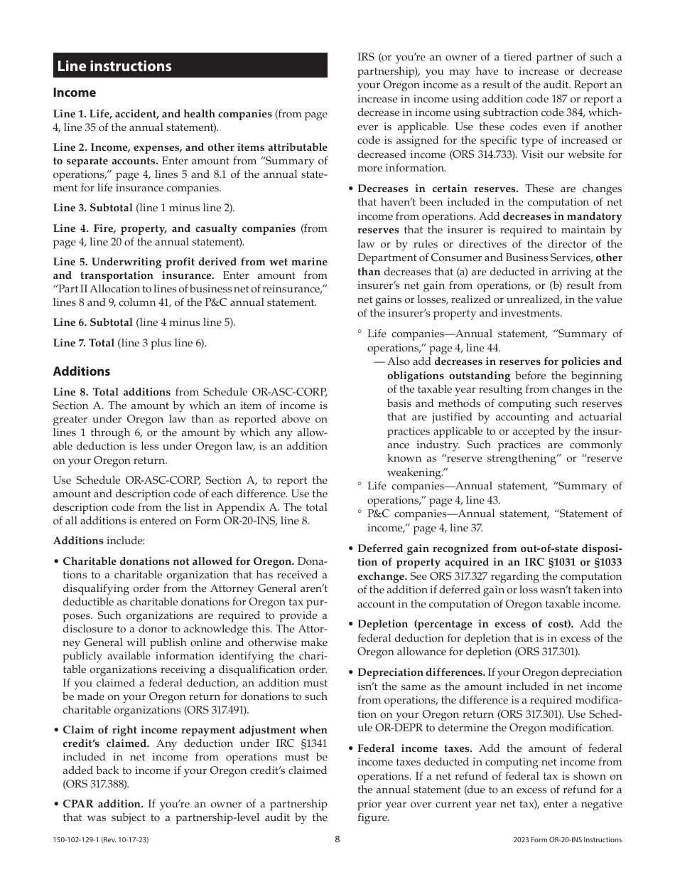 Instructions for Form OR-20-INS, 150-102-129 Oregon Insurance Excise Tax Return - Oregon, Page 8