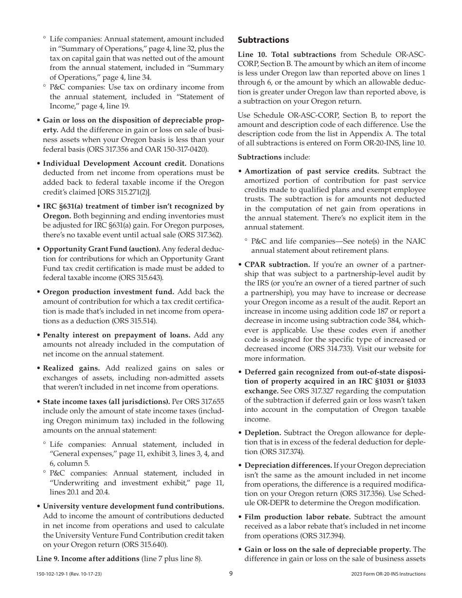 Instructions for Form OR-20-INS, 150-102-129 Oregon Insurance Excise Tax Return - Oregon, Page 9