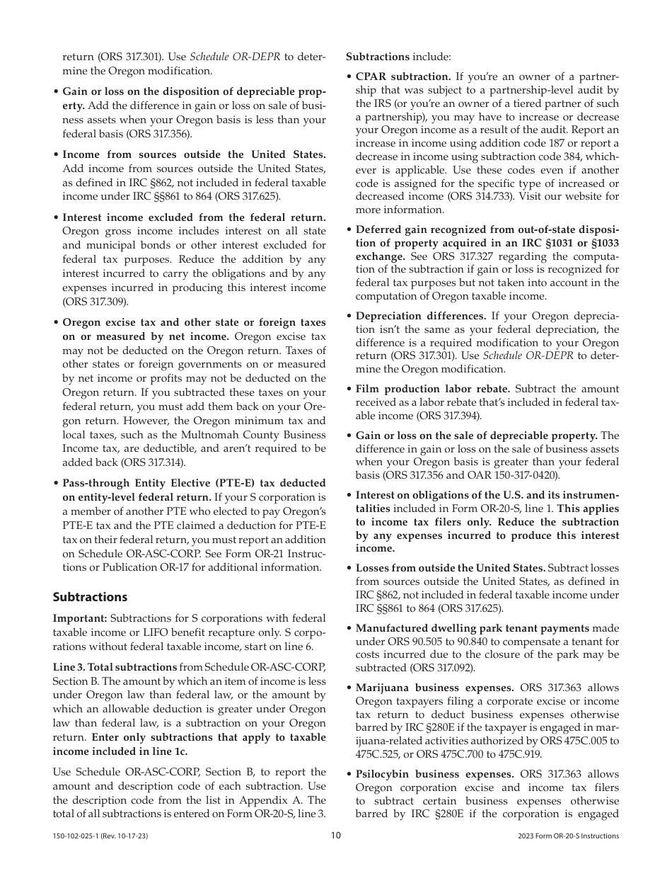 Instructions for Form OR-20-S, 150-102-025 Oregon S Corporation Tax Return - Oregon, Page 10