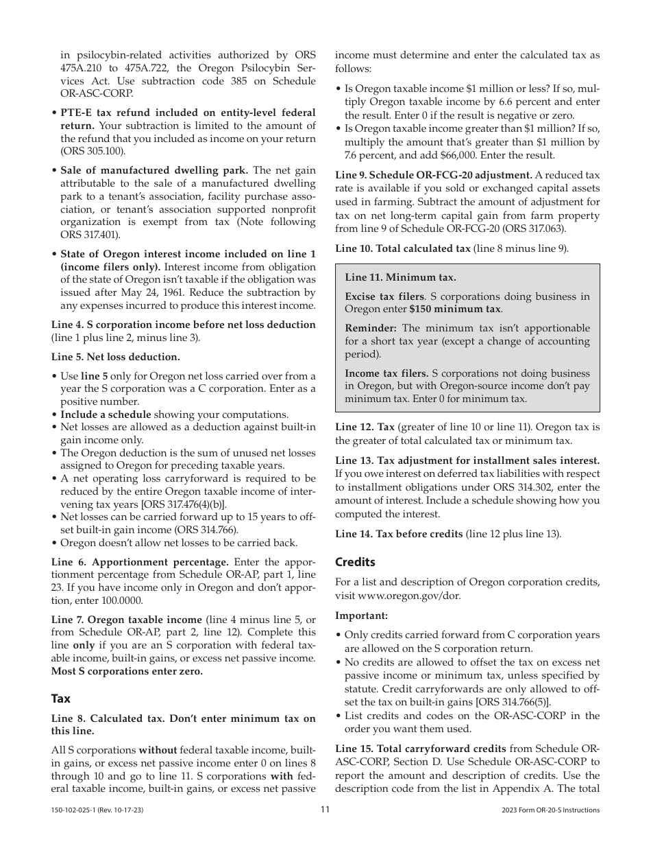 Instructions for Form OR-20-S, 150-102-025 Oregon S Corporation Tax Return - Oregon, Page 11