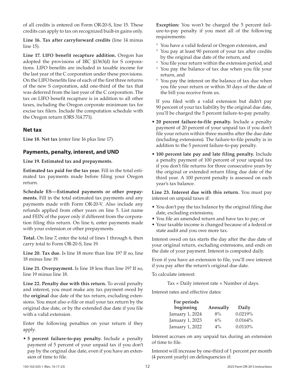 Instructions for Form OR-20-S, 150-102-025 Oregon S Corporation Tax Return - Oregon, Page 12