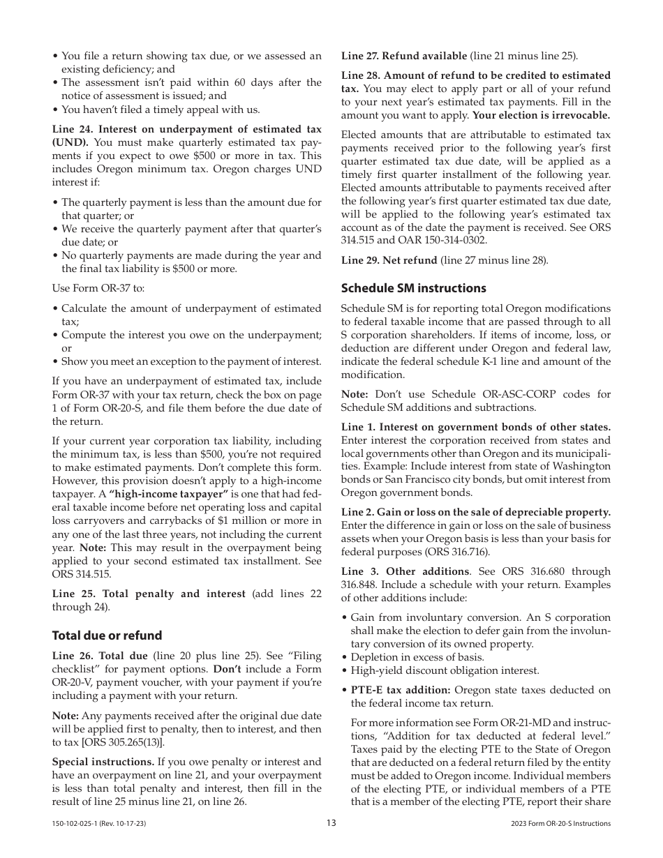 Instructions for Form OR-20-S, 150-102-025 Oregon S Corporation Tax Return - Oregon, Page 13
