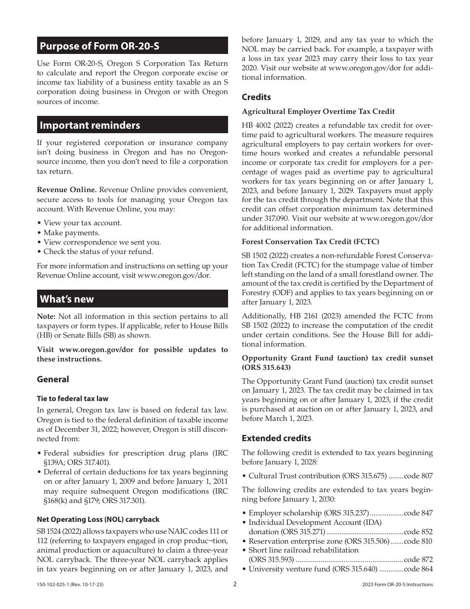 Instructions for Form OR-20-S, 150-102-025 Oregon S Corporation Tax Return - Oregon, Page 2