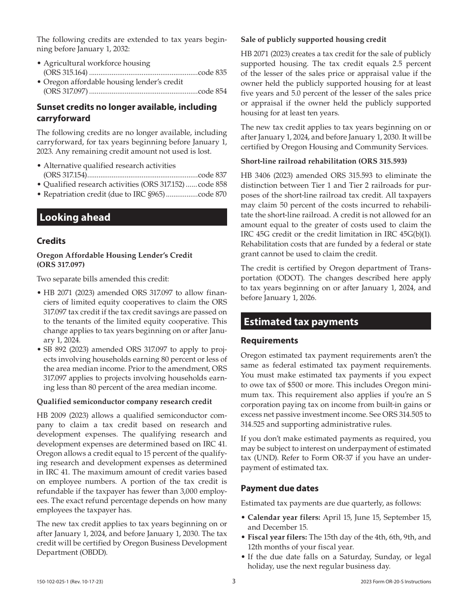 Instructions for Form OR-20-S, 150-102-025 Oregon S Corporation Tax Return - Oregon, Page 3
