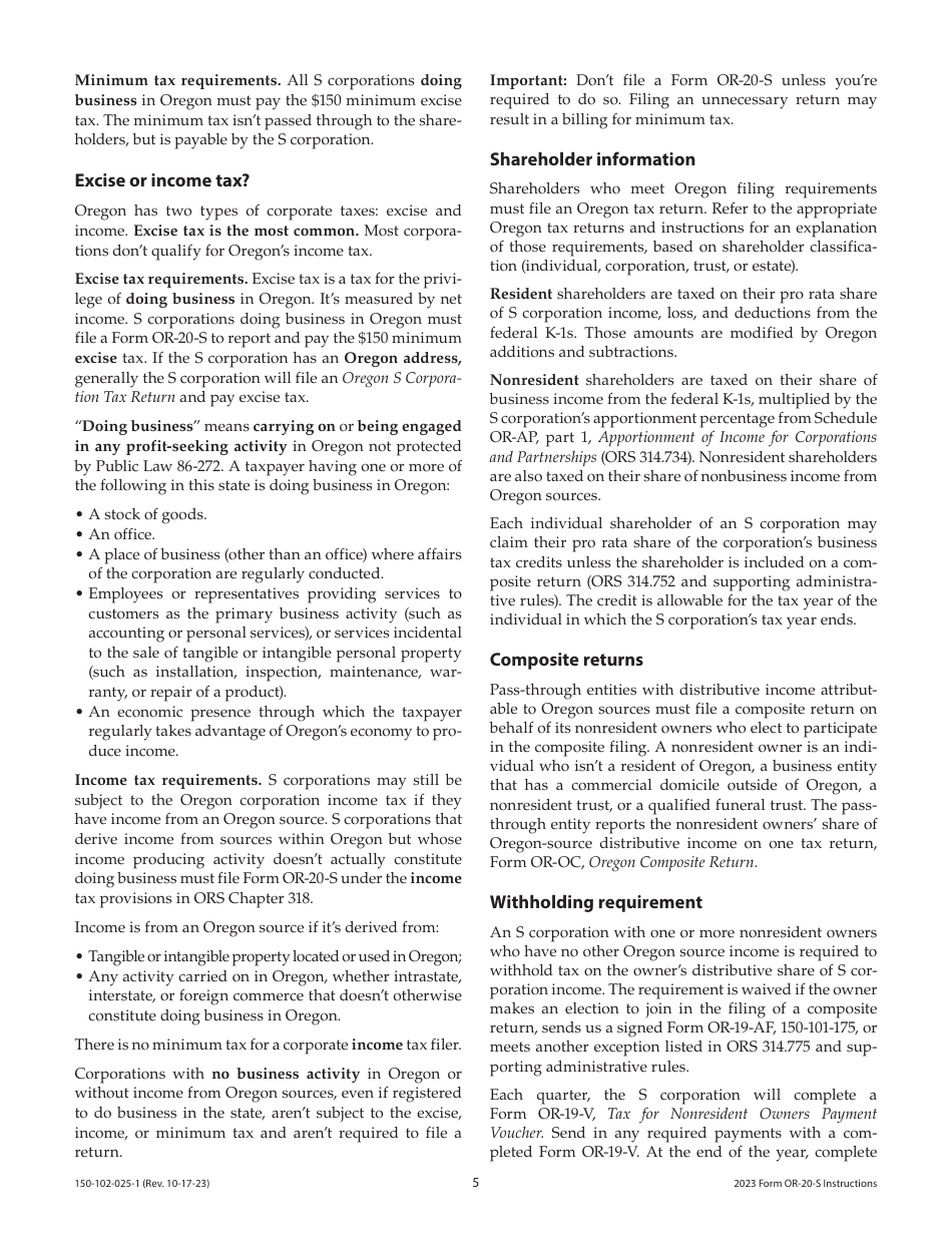 Instructions for Form OR-20-S, 150-102-025 Oregon S Corporation Tax Return - Oregon, Page 5