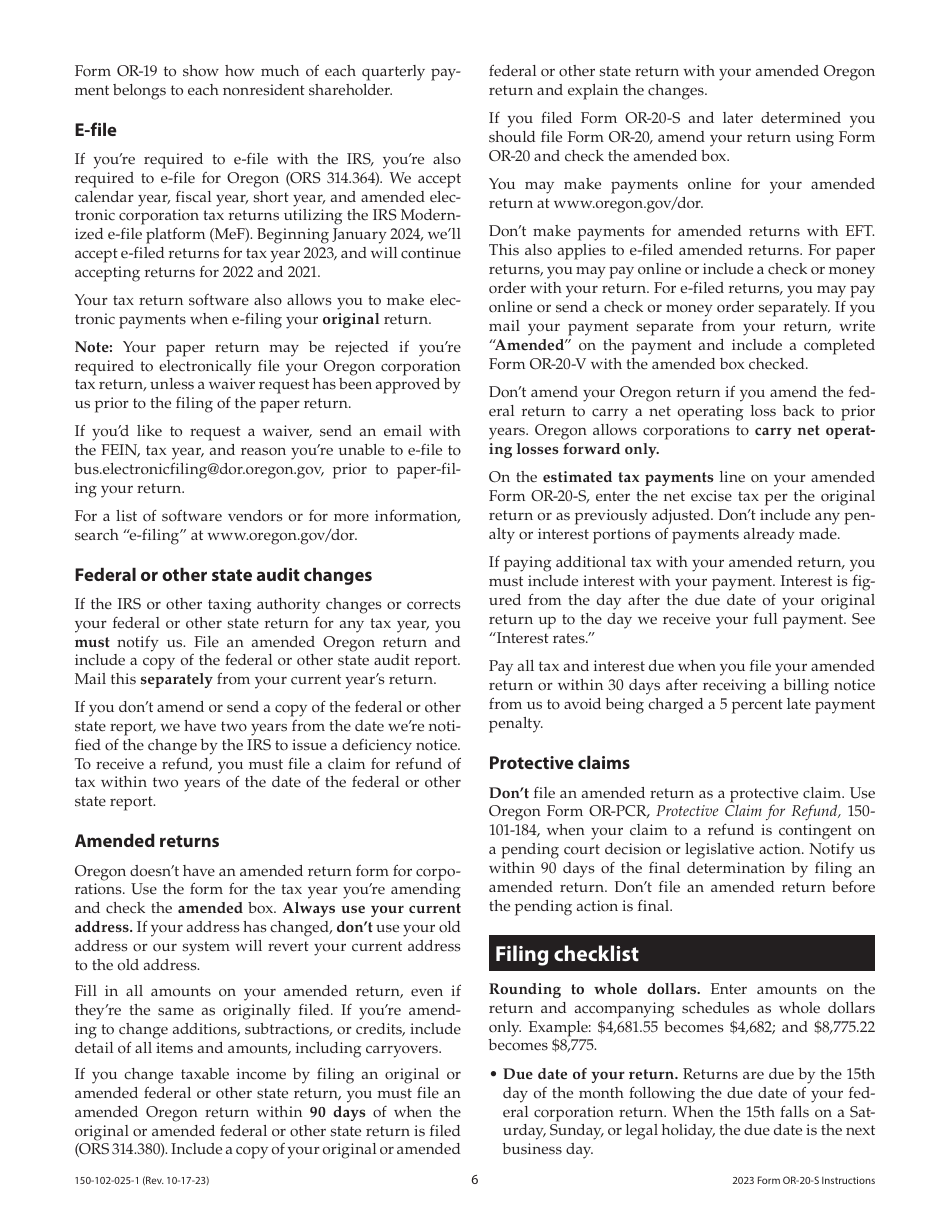 Instructions for Form OR-20-S, 150-102-025 Oregon S Corporation Tax Return - Oregon, Page 6