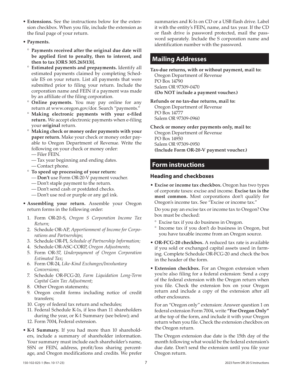 Instructions for Form OR-20-S, 150-102-025 Oregon S Corporation Tax Return - Oregon, Page 7