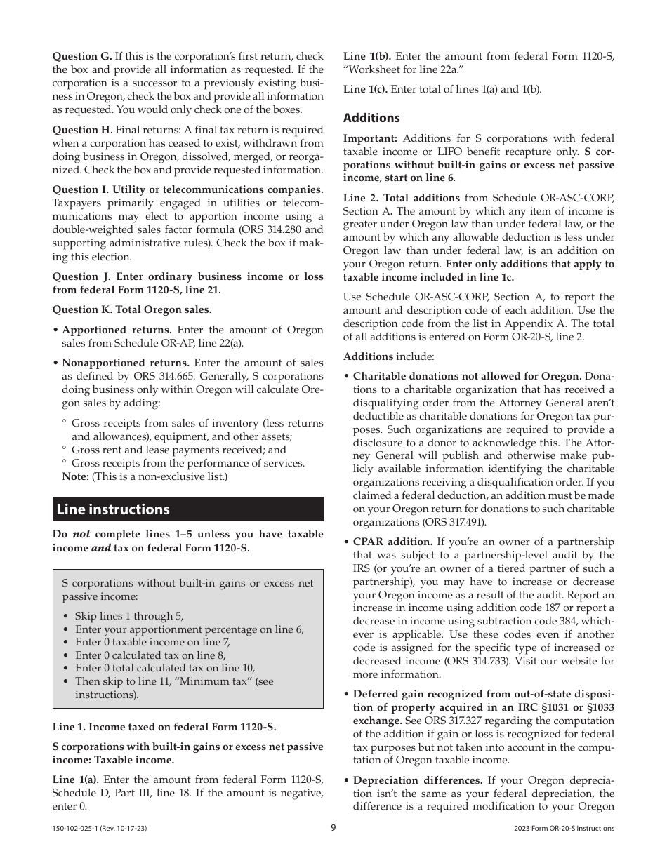 Instructions for Form OR-20-S, 150-102-025 Oregon S Corporation Tax Return - Oregon, Page 9