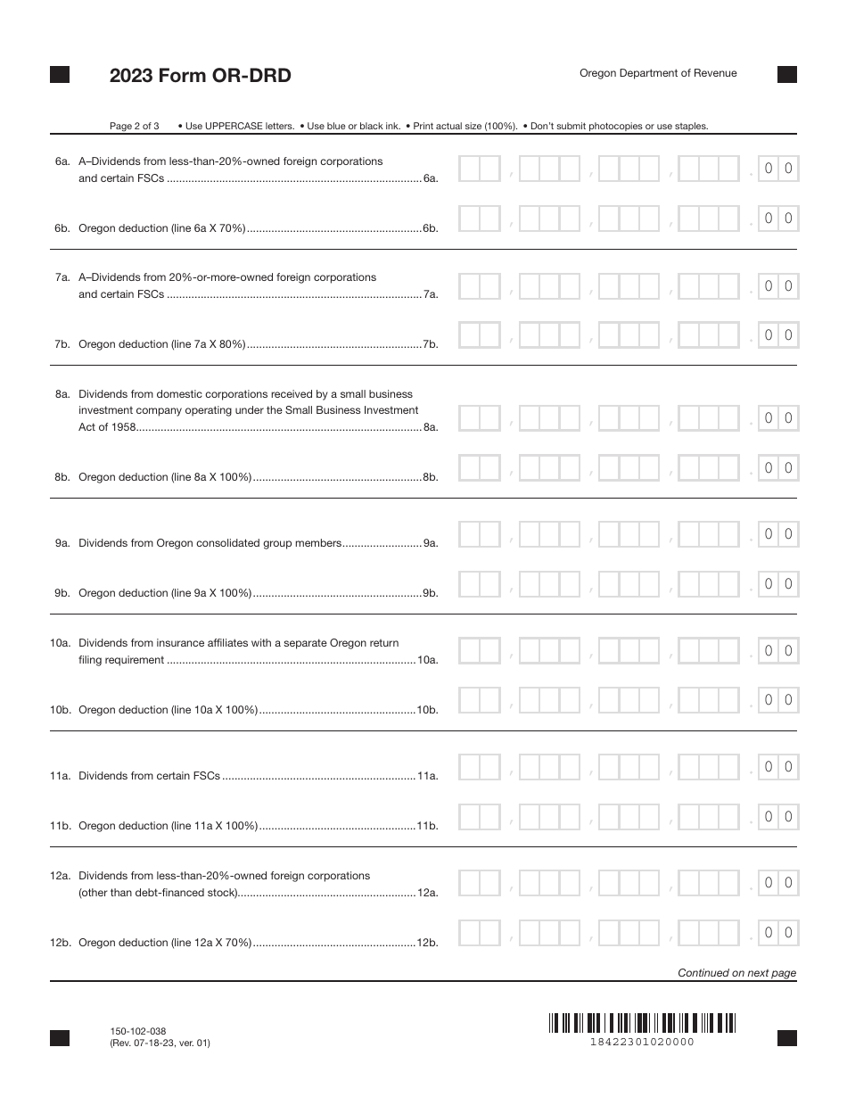 Form OR-DRD (150-102-038) Oregon Dividends-Received Deduction - Oregon, Page 2