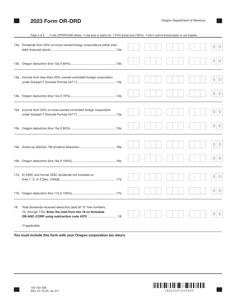 Form OR-DRD (150-102-038) Oregon Dividends-Received Deduction - Oregon, Page 3