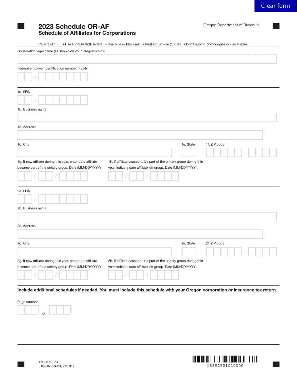 Form 150-102-034 Schedule OR-AF Schedule of Affiliates for Corporations - Oregon, Page 1