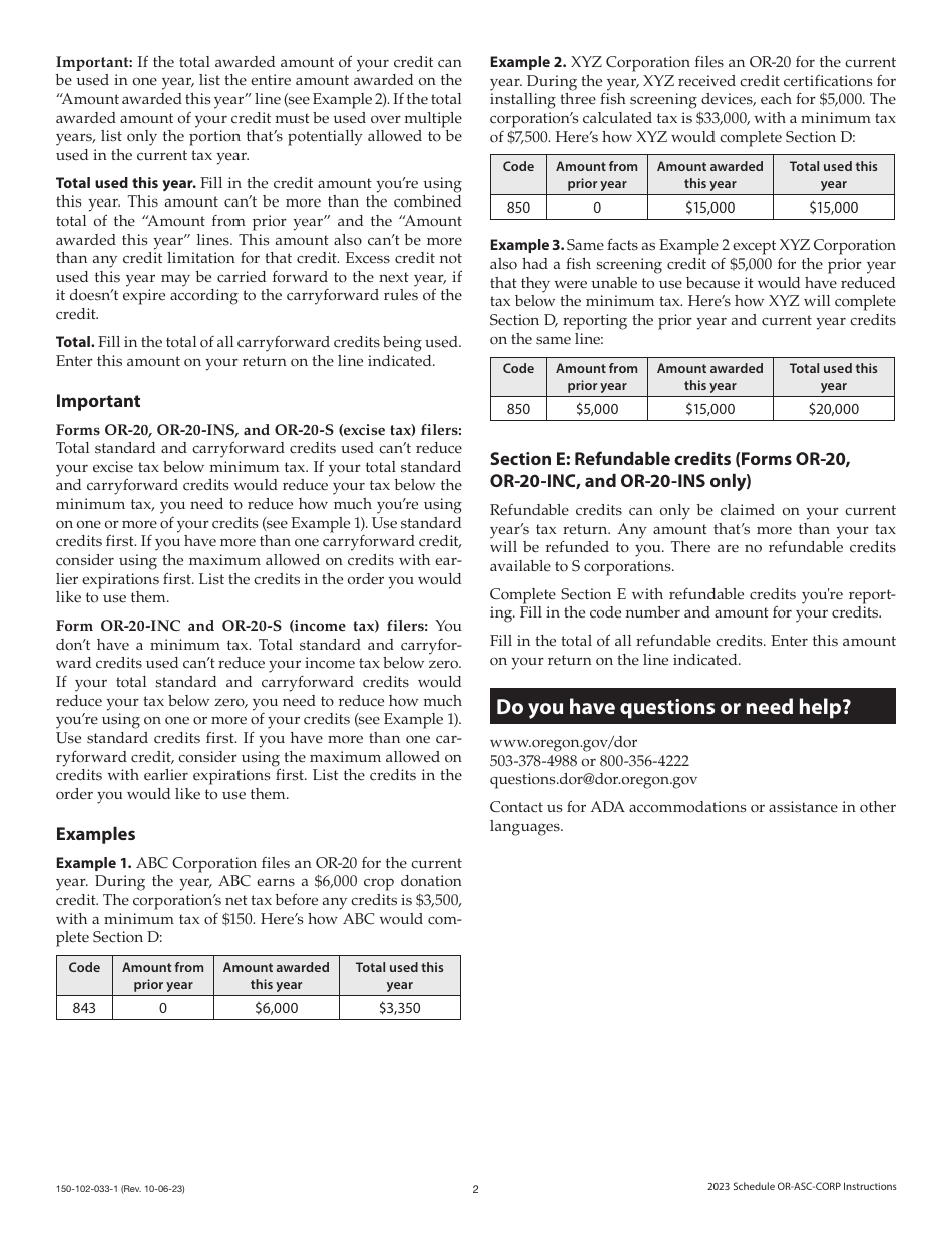 Instructions for Form 150-102-033 Schedule OR-ASC-CORP Oregon Adjustments for Corporations - Oregon, Page 2