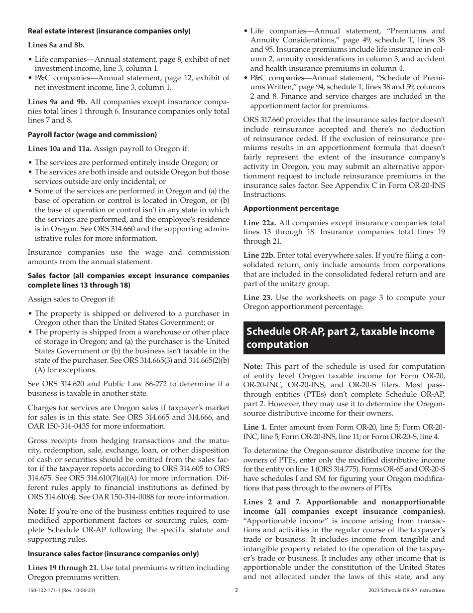Instructions for Form 150-102-171 Schedule OR-AP Apportionment of Income for Corporations and Partnerships - Oregon, Page 2