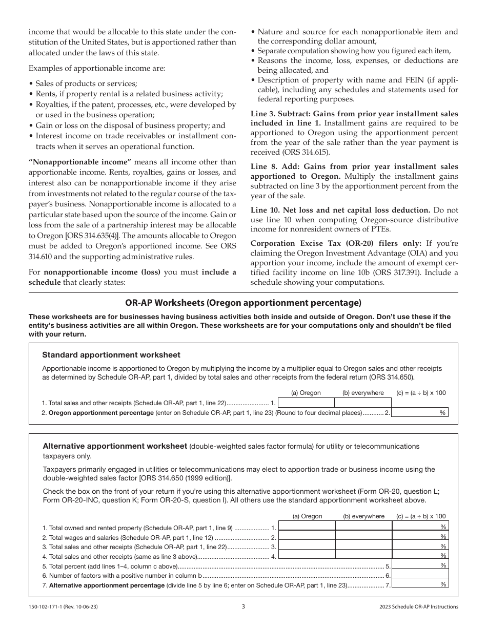 Instructions for Form 150-102-171 Schedule OR-AP Apportionment of Income for Corporations and Partnerships - Oregon, Page 3