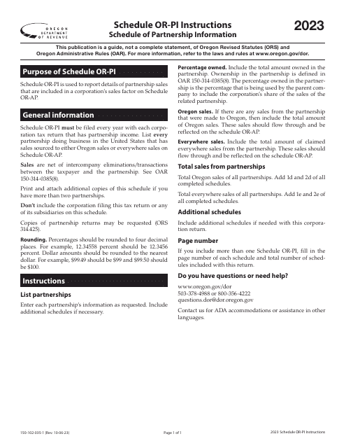 Form 150-102-035 Schedule OR-PI 2023 Printable Pdf