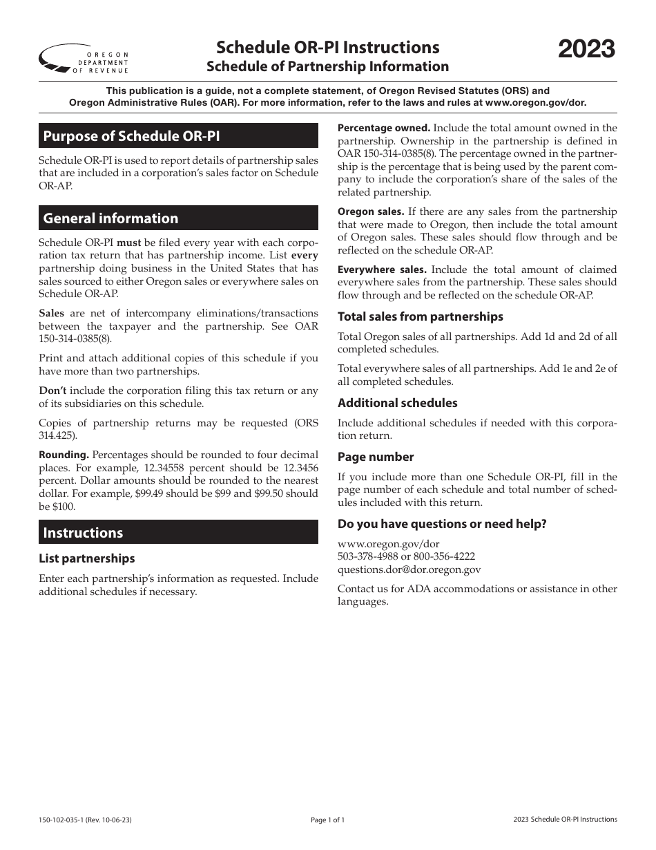 Instructions for Form 150-102-035 Schedule OR-PI Schedule of Partnership Information - Oregon, Page 1