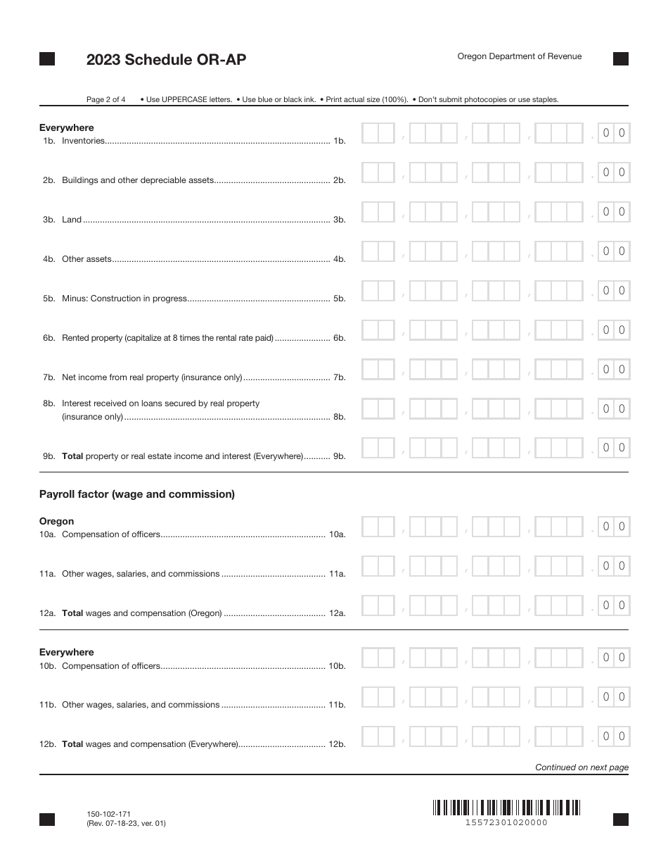 Form 150-102-171 Schedule OR-AP Apportionment of Income for Corporations and Partnerships - Oregon, Page 2