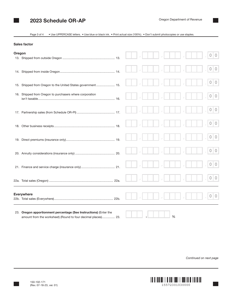 Form 150-102-171 Schedule OR-AP Apportionment of Income for Corporations and Partnerships - Oregon, Page 3