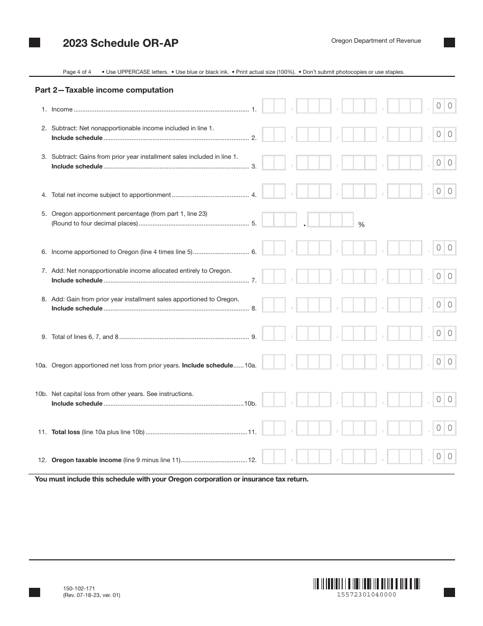 Form 150-102-171 Schedule OR-AP Apportionment of Income for Corporations and Partnerships - Oregon, Page 4