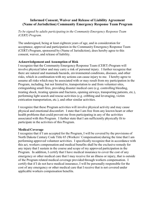 Informed Consent, Waiver and Release of Liability Agreement - Community Emergency Response Team Program - North Dakota Download Pdf