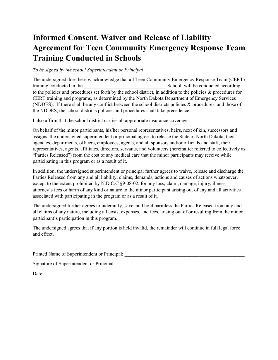 Informed Consent, Waiver and Release of Liability Agreement for Teen Community Emergency Response Team Training Conducted in Schools - North Dakota, Page 1