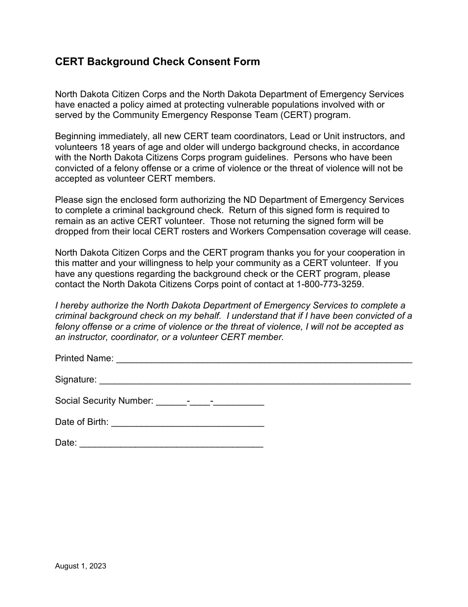 Cert Background Check Consent Form - North Dakota, Page 1