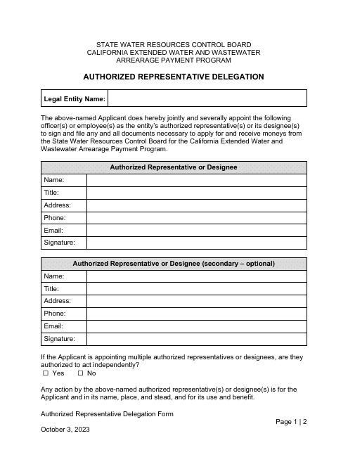 Authorized Representative Delegation - California Extended Water and Wastewater Arrearage Payment Program - California Download Pdf