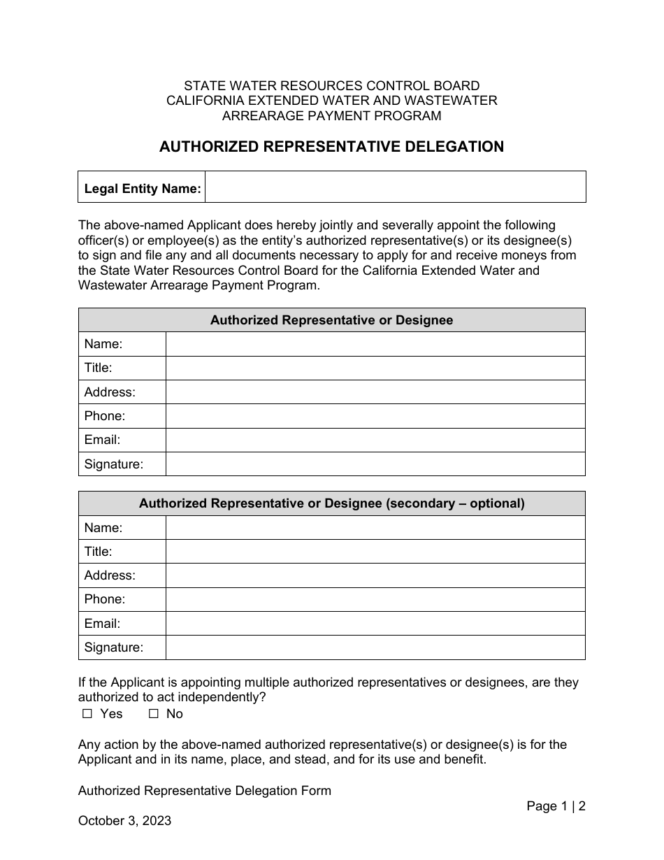 Authorized Representative Delegation - California Extended Water and Wastewater Arrearage Payment Program - California, Page 1