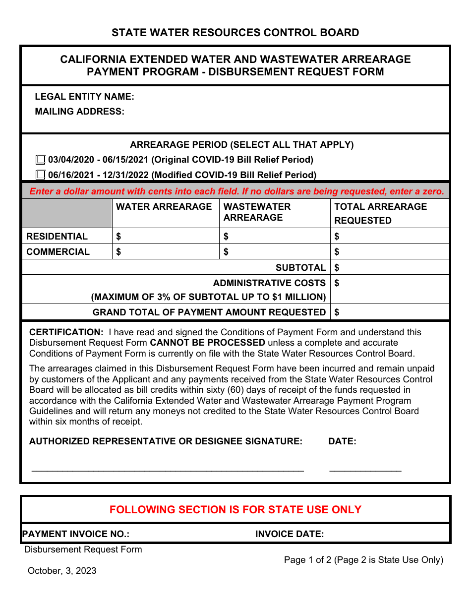 Disbursement Request Form - California Extended Water and Wastewater Arrearage Payment Program - California, Page 1